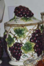 Grape-themed kitchen items are a favorite of Gloria's.  This is one of her canisters for storing flour or sugar