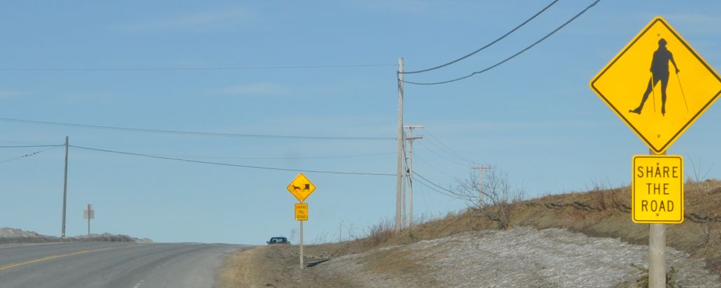 A sign you don't often see:  a sign warning motorists to share the road with cross-country skiers, followed by a sign alerting motorists to buggies in the area.