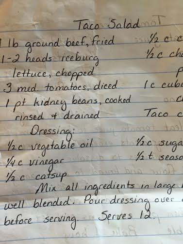 Arlene Kopp's homemade Taco Salad, the recipe hand-written for us by her.