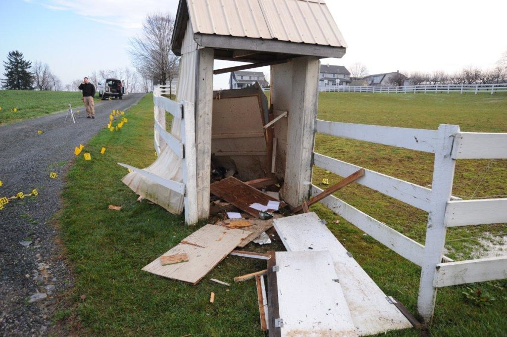 An Amish phone shanty destroyed by one of the bombs