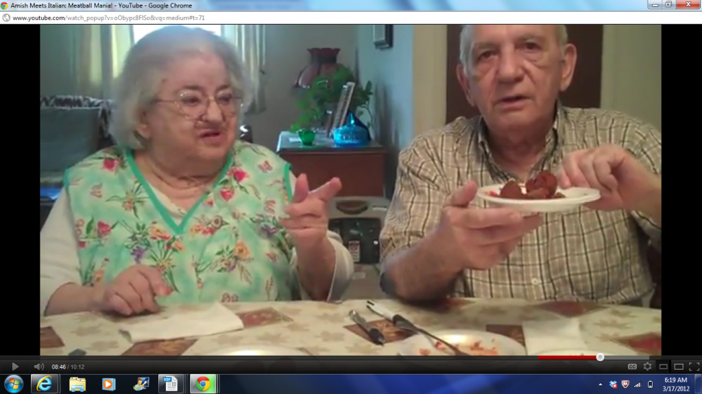 My grandmother and Uncle Pat sample meatballs
