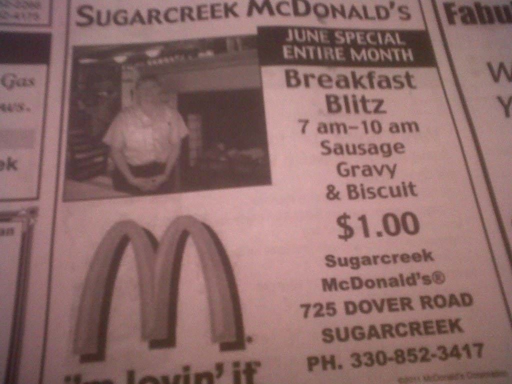 This ad would be appealing to some Amish....Biscuits and gravy for a buck!