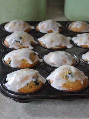 Buttermilk Frosted Blueberry Muffins in a tray