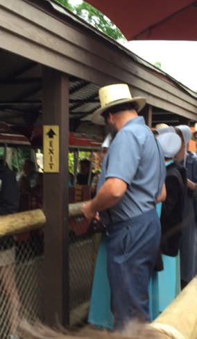 Amish visitors waiting to board the train at the Cincinnati Zoo