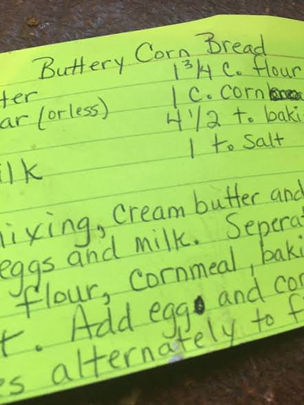 Written on a bright index card, this recipe comes to us from Freda Yoder