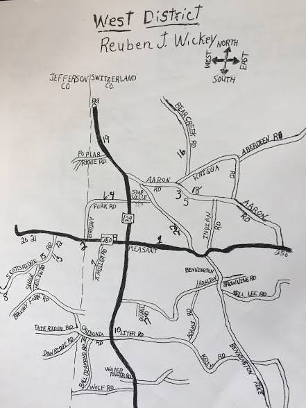 Amish directories often contain hand-drawn maps like this one in the Switzerland County, Indiana community.  Church districts are often named by geography...this, for instance, is "West District" and Reuben Wickey is the bishop.