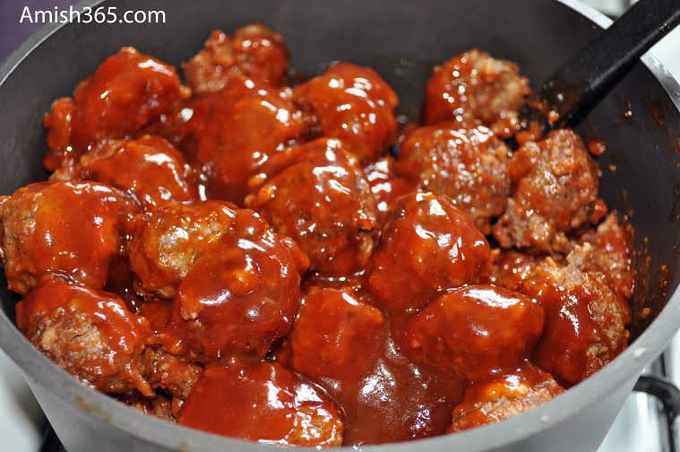 A dish of Amish bbq beef meatballs